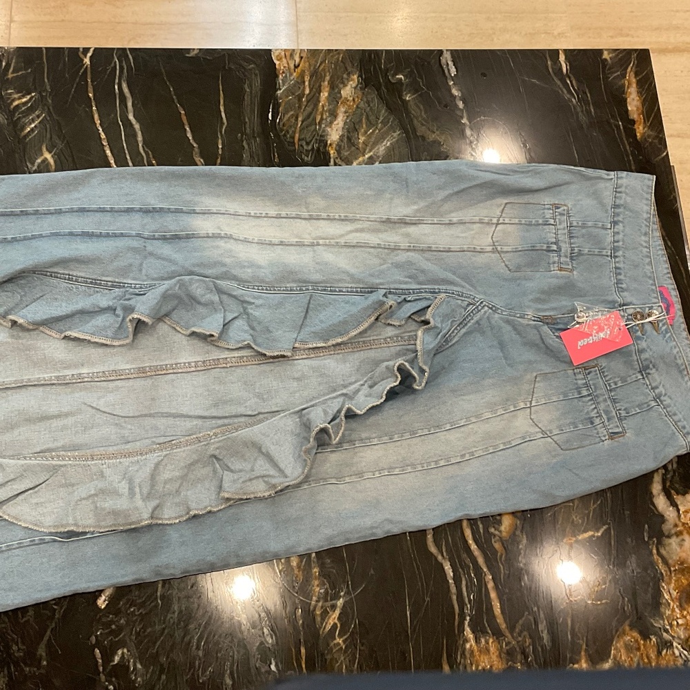 Valencia ruffle sliced denim maxi skirt